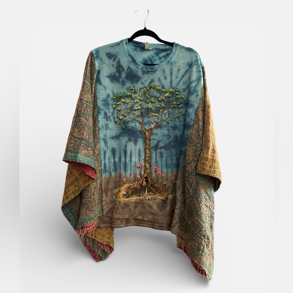 Handmade Tops - Boho Tie-Dye Tree Graphic Poncho Top in Teal and Brown